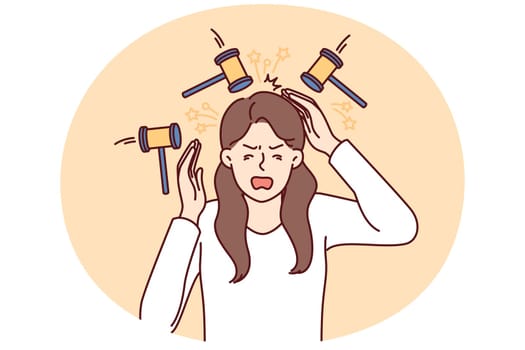 Upset woman experiencing headache standing among hammers symbolizing buzzing in ears or noise from neighbors. girl suffers from headache and needs medicines for migraine and other diseases