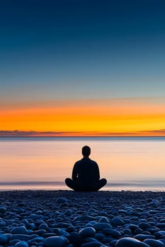 Person meditating alone on calm beach at sunrise. Soft warm colors symbolizing inner peace and self-reflection. AI generated image