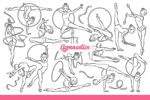 Girl does gymnastics and acrobatics with hoop and ribbon or ball. Woman is interested in gymnastics, which allows to develop flexibility and perform at competitions or olympics. Hand drawn.