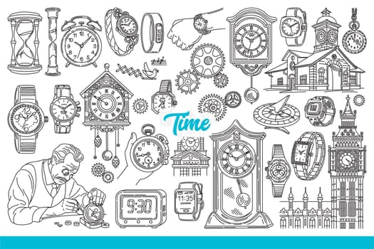 Clocks indicating time hang on walls or are intended to be worn on hand, near buildings with chimes. Vintage clocks and alarmclock near hourglass and craftsman repairing mechanism. Hand drawn.