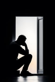 A person sitting in a dark area, head resting on hand. Depressed feeling symbolizing the weight of depression. AI generated image