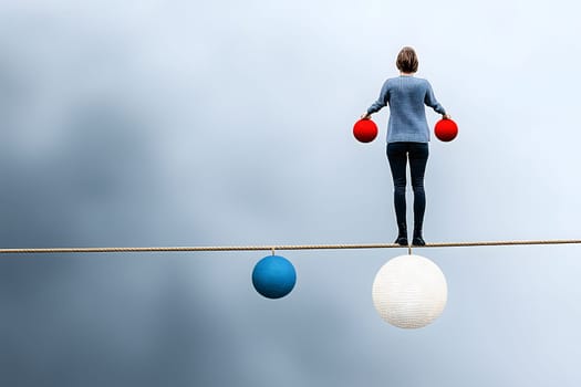 Person carefully balancing on a tightrope holding weights. Represents emotions like sadness, anger, joy. Represents delicate balance of emotional well-being. AI generated image