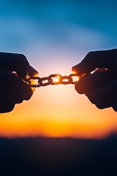 Hands holding broken chain representing the breaking of mental health stigma and the journey to self-acceptance. colorful bright light in background. AI generated image