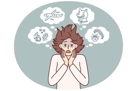 Woman with phobias and manic and rational fears associated with violation of psychological health. Shaggy girl phobia of flying on airplane or meeting stray dog and getting infested with ticks