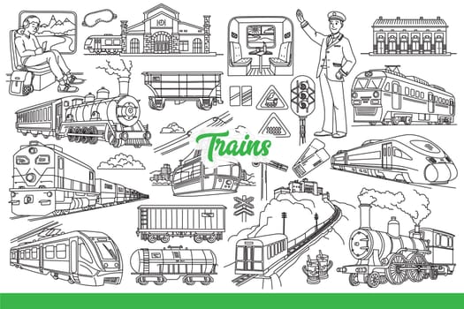 Railway industry and use of trains to travel around world and deliver goods. Train inscription near cars with passengers or tanks for transporting petroleum products or traffic lights. Hand drawn.
