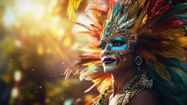 Mardi gras background with Brasil carnival bright dressed woman and copy space. AI Generated content