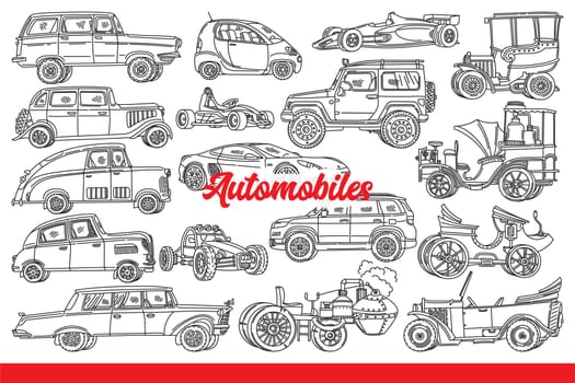 Automobiles with modern and retro bodywork for transporting passengers and racing in competitions. Automobiles or cars for various purposes with steam engine or internal combustion engine. Hand drawn.