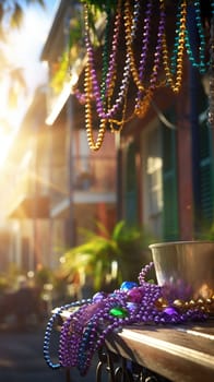 Confetti and Mardi Gras carnival decorations city street festival background. AI Generated content