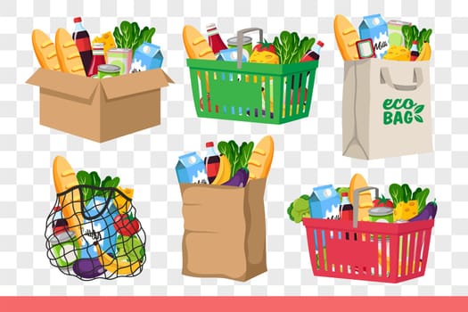 Food and groceries in cardboard boxes or bags and baskets from supermarket. Delicious food and drinks purchased at grocery store for balanced diet without excess calories and carbohydrates.