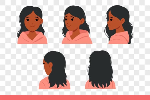 African American teenage girl in casual clothes, posing from different angles showing off new hairstyle. Beautiful ethnic girl, high school student, smiling, wanting to share good mood.