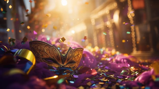 Confetti and Mardi Gras carnival decorations city street festival background. AI Generated content