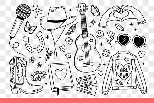 Girl power logo on jacket near guitar and hat or microphone for teen concert artist. Girl power background with diary for writing thoughts and disco tickets or heart shaped hands gesture. Hand drawn.