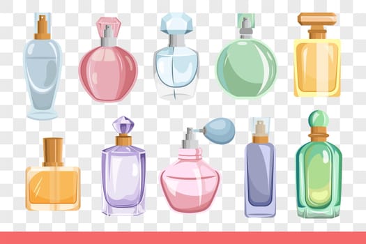 Perfume in different colorful bottles, for choosing best smell and aroma created from natural flowers. Women perfume with addition of long-lasting essences to complement evening look.