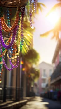 Confetti and Mardi Gras carnival decorations city street festival background. AI Generated content