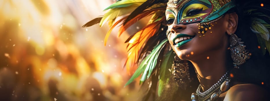 Mardi gras background with Brasil carnival bright dressed woman and copy space. AI Generated content