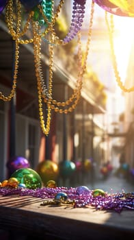 Confetti and Mardi Gras carnival decorations city street festival background. AI Generated content