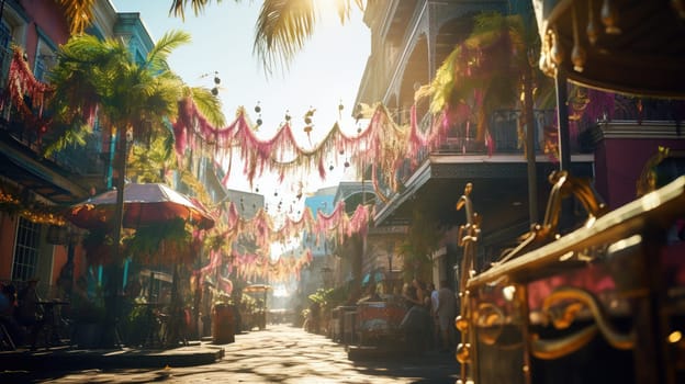 Confetti and Mardi Gras carnival decorations city street festival background. AI Generated content