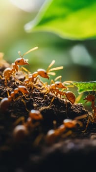 Macro view of industrious red ants working together on dark soil near green moss, highlighting their collective behavior and intricate social structure.