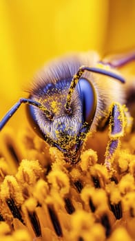 Extreme close up of a honey bee covered in vibrant yellow pollen, feeding on a sunflower's center, showcasing the intricate details of the insect and flower.