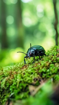 Close up of a metallic green beetle perched on lush moss, showcasing its intricate details against a soft, blurred forest background.