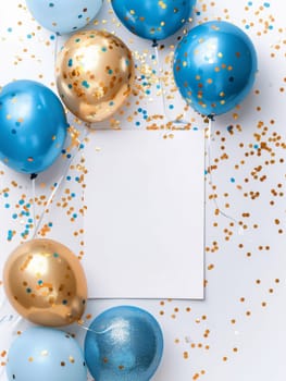 A white blank card framed by blue and gold balloons on a confetti-strewn surface, ready for festive customization