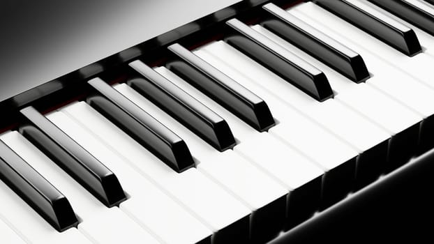 Piano keyboard close up view of black and white keys. Musical background. 3D illustration