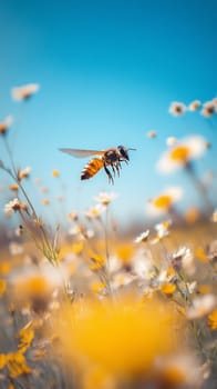 A honeybee hovers mid flight over a colorful meadow of wildflowers, its wings spread against a vivid blue sky, embodying nature's harmony.