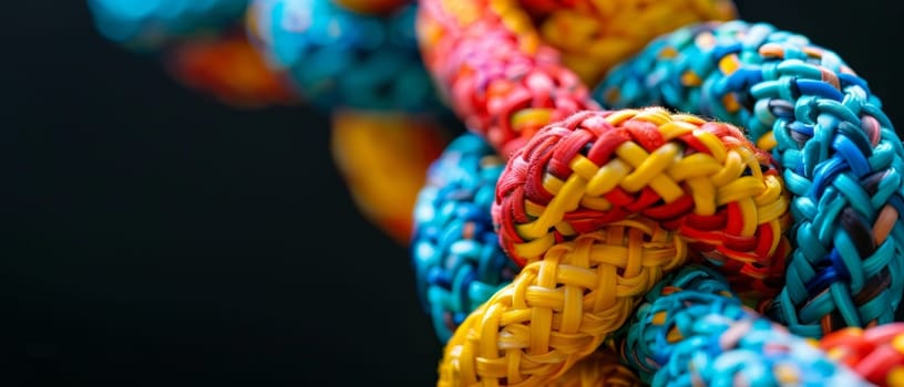 The detailed weave of multicolored ropes creates a captivating pattern, showcased against a black backdrop