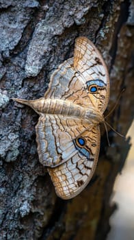 Close up of a large owl butterfly with intricate wing patterns and prominent eyespots perched on rough tree bark, showcasing its beauty and camouflage ability.