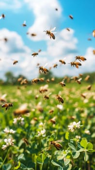 A swarm of honey bees flying over a lush green meadow filled with white clover flowers, highlighting the importance of pollinators in natural ecosystems.
