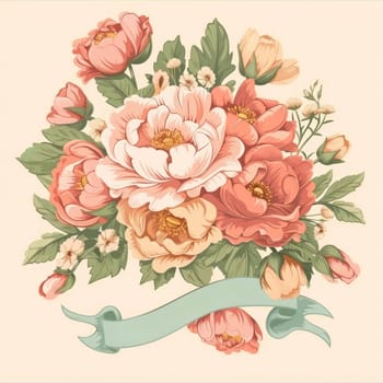 A detailed, vintage-style illustration of a lush bouquet with rich reds and soft pinks, framed by a cool-toned ribbon