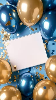 A vibrant blue and gold celebration theme with a blank card front and center, flanked by helium balloons and scattered golden confetti