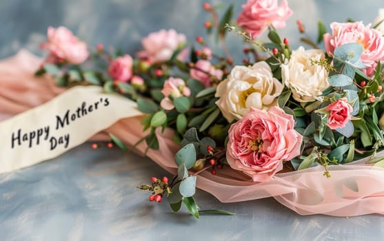 Elegant roses and blossoms tied with a soft ribbon accompanied by a 'Happy Mother's Day' script on a subtle background