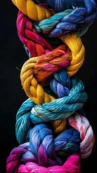 Spiraled ropes in a spectrum of colors stand out with their textured surfaces against a black background