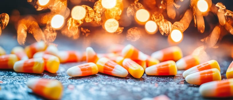 Close up of colorful candy corn scattered on a dark surface with warm, blurred bokeh lights in the background, creating a magical Halloween atmosphere.