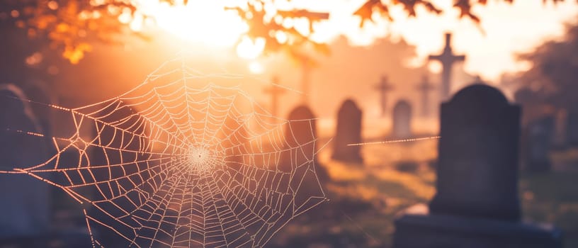 A delicate spiderweb glistening with dew drops in the foreground, with a misty cemetery and tombstones silhouetted against a golden sunrise, creating a haunting Halloween scene.