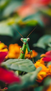 A bright green praying mantis perched alertly among colorful flowers, showcasing its striking form against a vivid floral background.