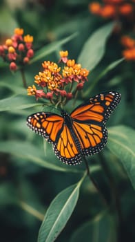 A majestic monarch butterfly with orange and black wings perches on colorful milkweed flowers, showcasing nature's beauty and pollination in action.