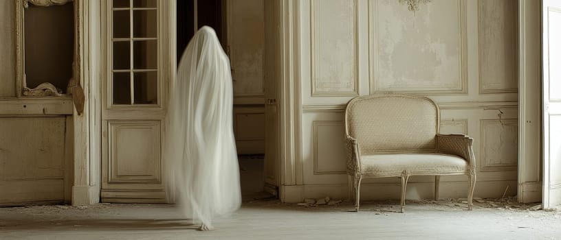 Ethereal ghostly figure in white shroud standing in a decaying, abandoned room with peeling walls and an antique chair, creating an eerie and haunting atmosphere.