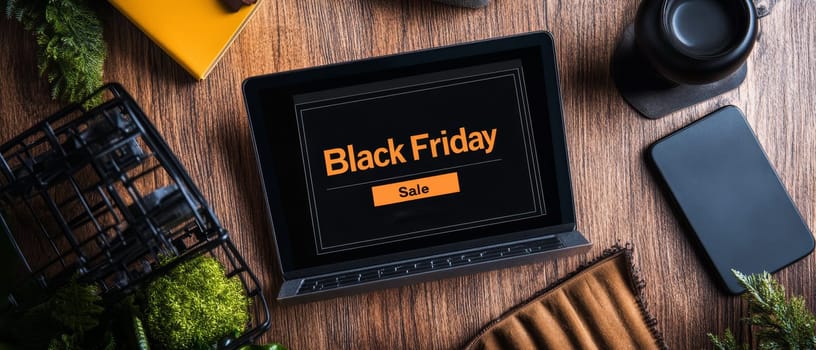 A laptop displaying a Black Friday sale surrounded by shopping elements on a wooden desk.