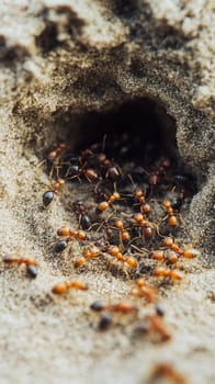 Macro view of ants swarming around their nest entrance in sandy terrain, showcasing the intricate social structure and organization of these industrious insects.