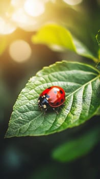 A bright red ladybug with black spots perched on a vibrant green leaf, illuminated by soft sunlight with bokeh background.