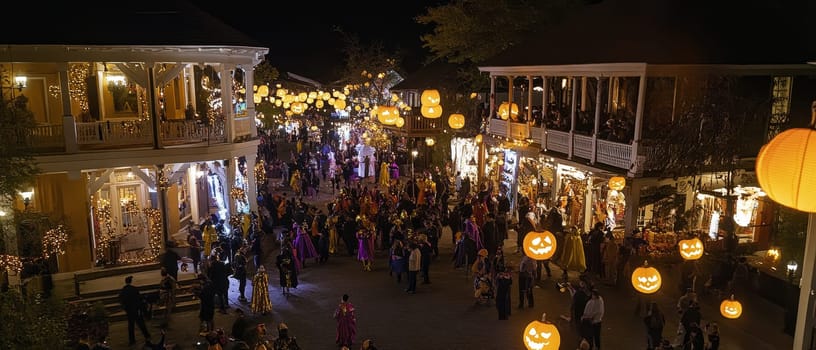 A lively Halloween street celebration with crowds of costumed people, illuminated by festive pumpkin lanterns and decorative lights on charming historic buildings.