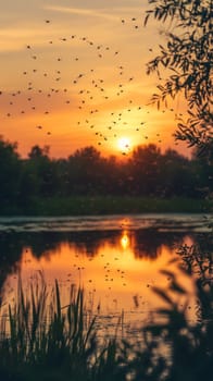 Silhouettes of mosquitoes swarming against a vibrant orange sunset sky, reflected in a calm lake surrounded by trees, creating a stunning yet eerie scene.