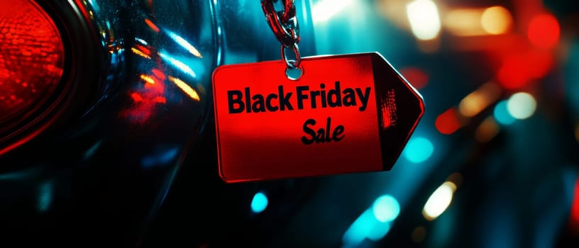 Black Friday sale tag illuminated by neon lights, creating a vibrant and attractive shopping promotion.