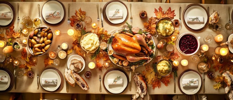 Overhead view of a beautifully set Thanksgiving dinner table with roasted turkey, side dishes, autumn decorations, and candles on a rustic tablecloth.