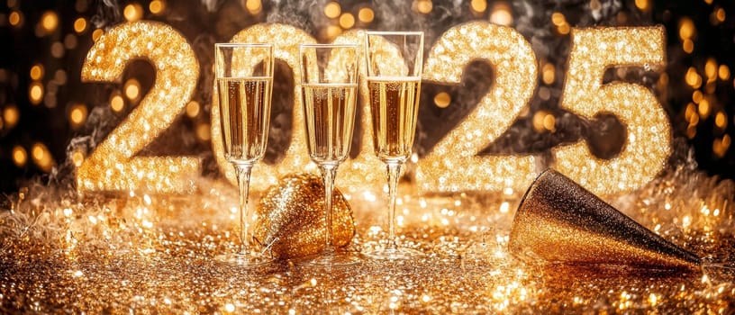 Glittering New Year 2025 celebration setup with champagne flutes, golden decorations, and sparkling lights creating a festive atmosphere.