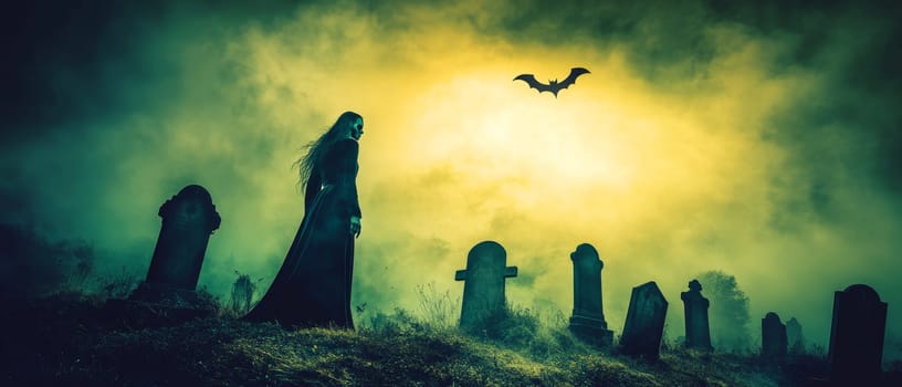 Silhouette of a spectral figure standing among tombstones in a misty graveyard with a bat flying against an ominous yellow green sky, creating a chilling Halloween scene.