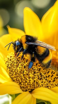 Extreme close up of a fuzzy bumblebee gathering pollen on a vibrant yellow sunflower, highlighting the intricate details of both insect and flower.