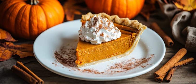 Delicious slice of pumpkin pie topped with whipped cream on a white plate, surrounded by whole pumpkins, cinnamon sticks, and autumn leaves.